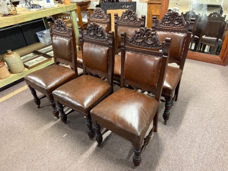 Set of 6 vintage revival style chairs timber/leather