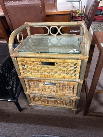 Rattan and bamboo 3-drawer cabinet with glass top