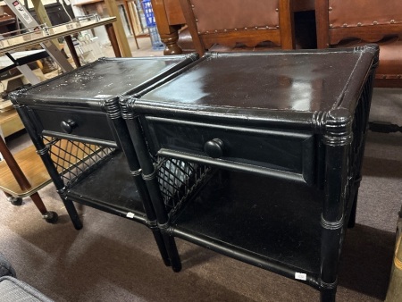 Pair of painted cane and wooden bedside tables