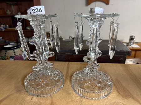 Pir of cut glass candlestick lustres with hanging prisms