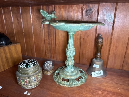 Assorted lot inc. cast iron bird feeder, school bell etc