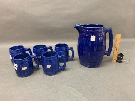 Mungay Australian Pottery Blue Barrel Jug & 5 Mugs