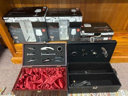 3 boxes of CROFTON crystal glasses - white wine, red wine, spirit + 2 wine boxes with utensils