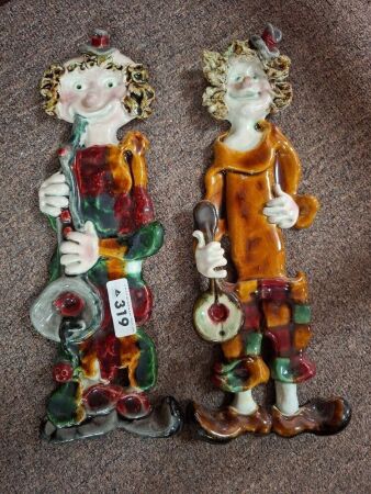 2x glazed ceramic wall hanging clowns (Portugal)