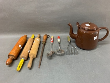 Asstd Lot of Vintage Kitchenware inc. Utensis, Rolling Pins & Enamel Tea Pot