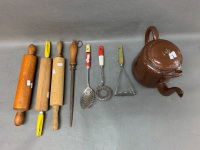 Asstd Lot of Vintage Kitchenware inc. Utensis, Rolling Pins & Enamel Tea Pot - 2