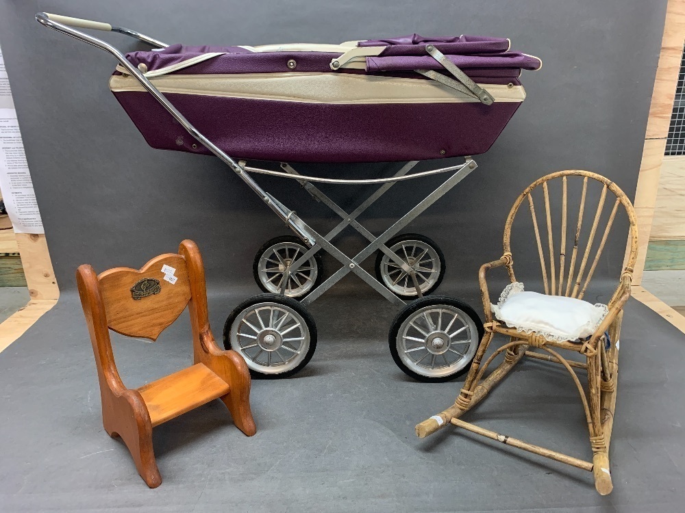 Vintage Cyclops Dolls Pram Wood & Cane Dolls Chairs
