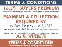 TERMS & CONDITIONS - ADDITIONAL FEES Buyers premium - 16.5% (inc) unless otherwise stated Online bidding fee - 1.65% (inc) PAYMENT & COLLECTION Deadline: 2pm, Tuesday 02/06/2026 Payment methods: Cash, EFT, Card (2.2% fee on card payments) For collection