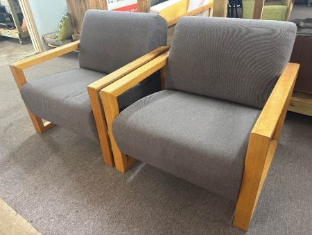 Pair of wood frame lounge chairs with grey fabric upholstery
