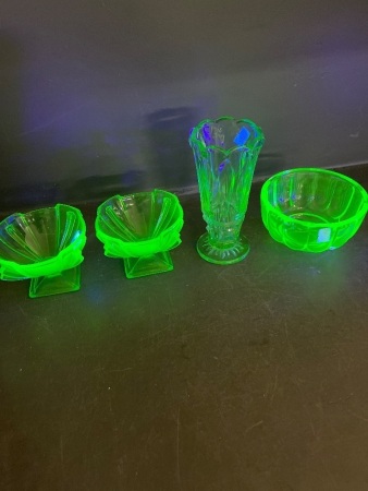 2 x Uranium Glass Sunday Dishes - Vase and Bowl