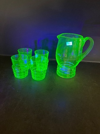 Uranium Glass Pitcher and 4 Cups