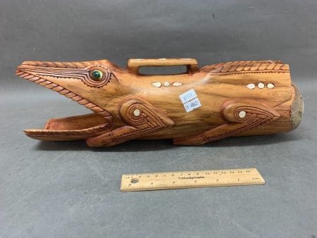 Carved Crocodile Scoop with Inlaid Shell