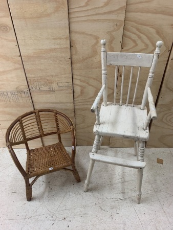 Vintage Childs Cane Chair + Shabby Vintage Timber High Chair