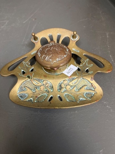 Antique Copper Inkwell Ornate Art Nouveau Stylistic Elements - Marked Geschutzt