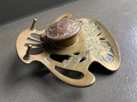 Antique Copper Inkwell Ornate Art Nouveau Stylistic Elements - Marked Geschutzt - 2