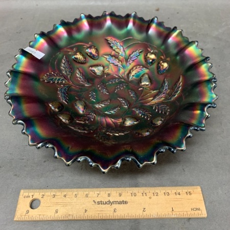Vintage Northwood Black Amethyst Carnival Glass Bowl with Ruffled Edge - Strawberry Pattern