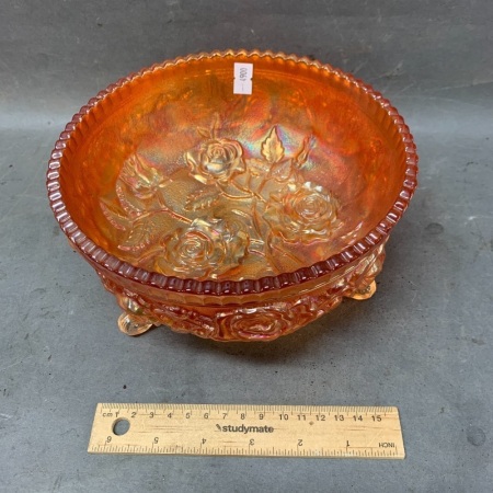 Vintage Heavy Marigold Carnival Glass 3 Legged Fruit Bowl with Roses Design