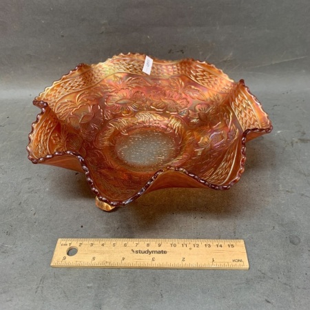 3 Legged Vintage Marigold Ruffled Edge Carnival Glass Bowl - Flower Design