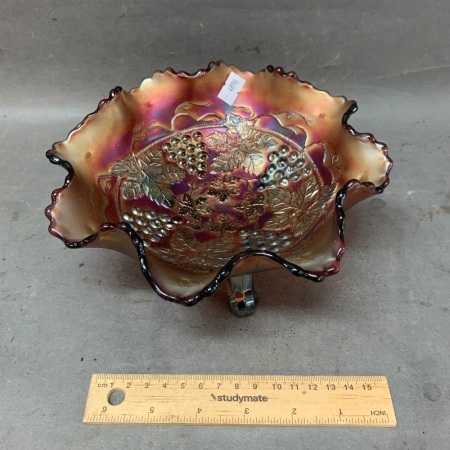 Vintage Amethyst Carnival Glass 3 Legged Bon Bon Dish with Ruffled Edge - Grape & Vine Design