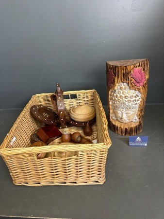 Basket of Wood Turned Pieces and Decorative Wood
