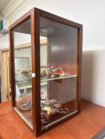 Vintage-Style Wooden Display Cabinet with Assorted Collectables