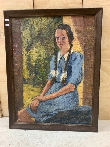 Original Framed Oil Painting Girl in Blue by Gwendolyn Grant