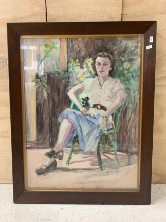 Original Framed Watercolour Portrait of Woman in Chair by Gwendolyn Grant