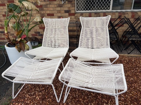 2 x White Wire Outdoor Chairs with Leg Rests
