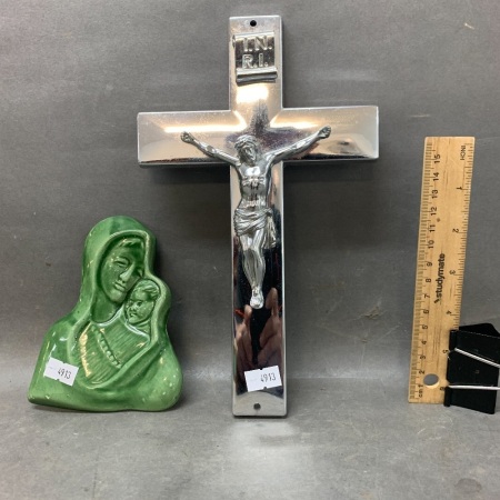 Chrome Crucifix + Ceramic Madonna & Child Plaque