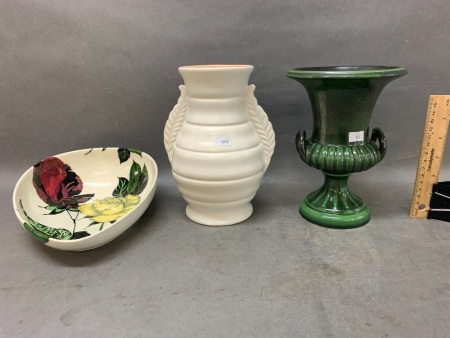 3 Vintage English Pots ins. Beswick Grecian Urn, Clarice Cliff Bowl + Shorter Art Deco Vase