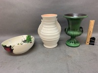 3 Vintage English Pots ins. Beswick Grecian Urn, Clarice Cliff Bowl + Shorter Art Deco Vase - 3