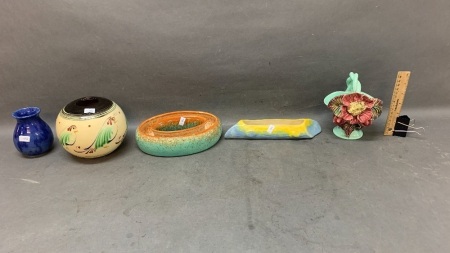 2 Australian Float Bowls + Deco Juanella Basket + Danish Art Pottery Bowl with Birds + Small Blue Stoneware Pot