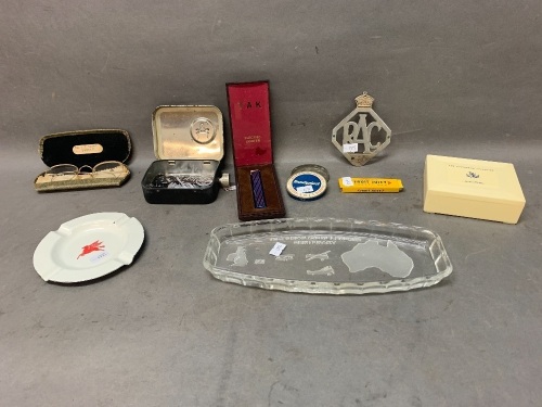 Small Box Lot inc. Lighter, Ashtray, Tins, RACQ Motif, Etc