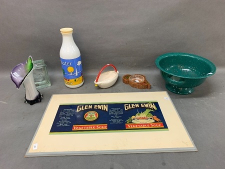 Box Lot Of Kitchenalia inc, Enamel Colander, WECK Glass Brick Money Box, Glen Ewin Sign Etc