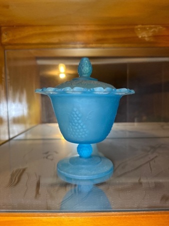 Blue Saturn pedestal candy dish with grape pattern