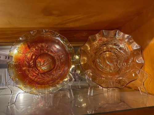 Two Marigold carnival glass Bowls &ndash; Swan, kookaburra patterns (crack in one bowl)