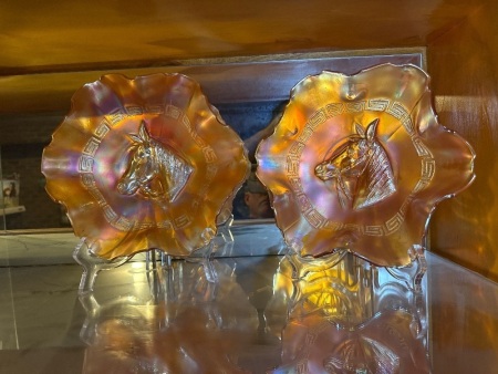2x marigold carnival glass ruffled Bowls with horse head pattern
