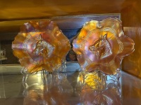 2x marigold carnival glass ruffled Bowls with horse head pattern