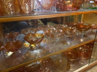 Shelf lot of marigold Carnival glass footed Bowls - crack noticed in one