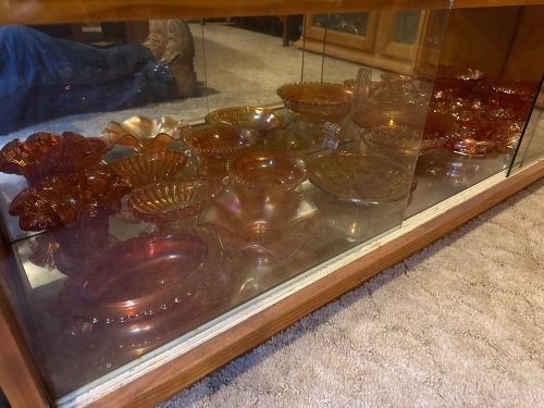 Shelf lot of assorted Marigold carnival glass bowls