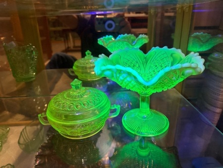 Uranium/glow depression glass yellow lidded dish and pedestal bowl - pedestal bowl repaired at base