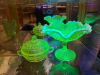 Uranium/glow depression glass yellow lidded dish and pedestal bowl - pedestal bowl repaired at base