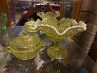Uranium/glow depression glass yellow lidded dish and pedestal bowl - pedestal bowl repaired at base - 2