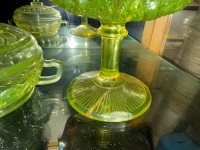 Uranium/glow depression glass yellow lidded dish and pedestal bowl - pedestal bowl repaired at base - 3