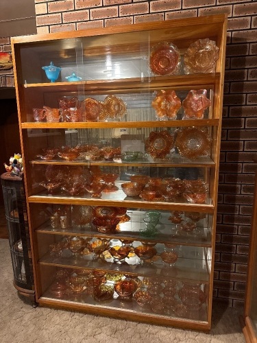 Large pine display cabinet with clear glass sliding door doors