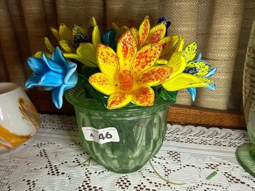 Green depression glass vase and frog with coloured glass flowers