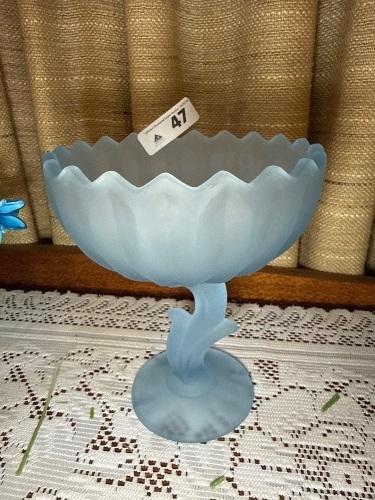 Frosted blue glass pedestal comport
