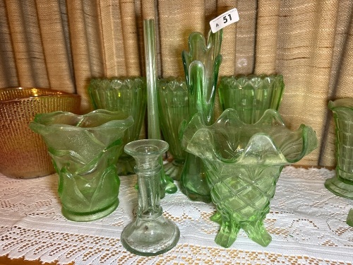 Assorted green depression, glass vases and candlestick