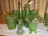 Assorted green depression, glass vases and candlestick