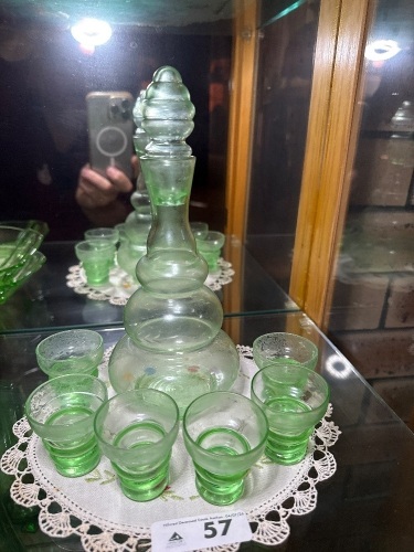 Green glass decanter and glasses